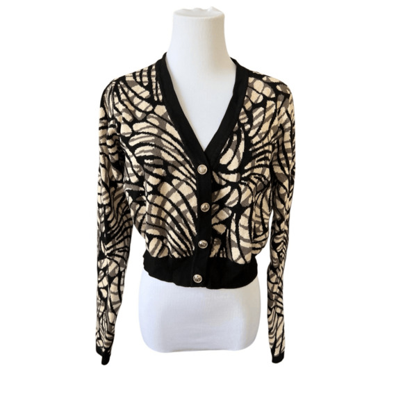 Guess Posie Jacquard Knit Cardigan Sweater LARGE Cropped Button Up Preppy Money - Picture 1 of 11